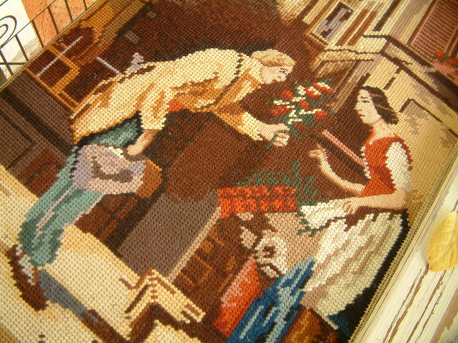 A Romantic Scene Giving Flowers to Lady Completed Needlepoint Tapestry
