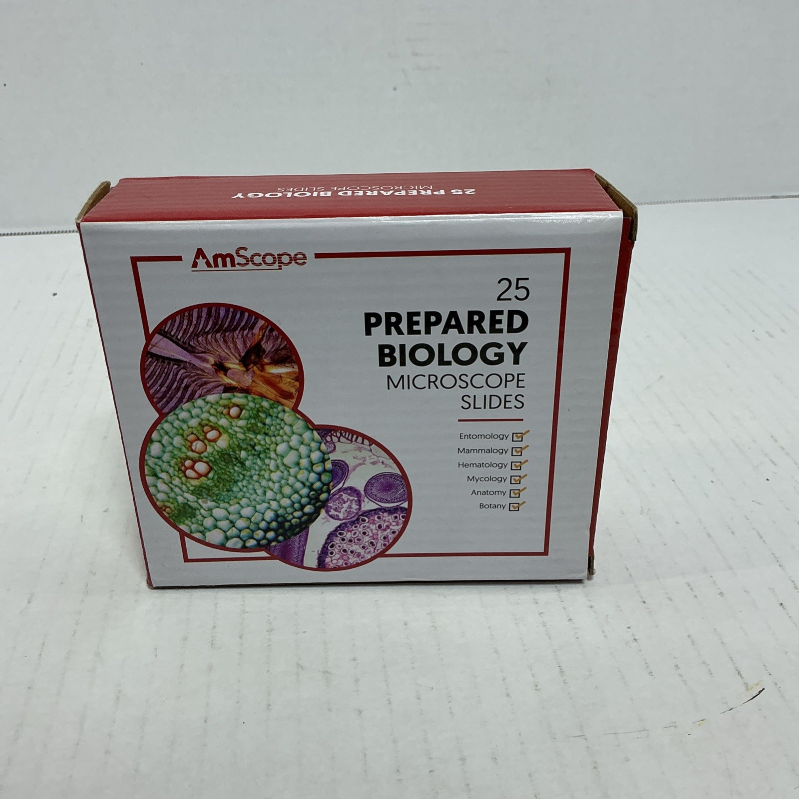AmScope 25 Prepared Biology Microscope Slides Etymology Hematology w Wood Box