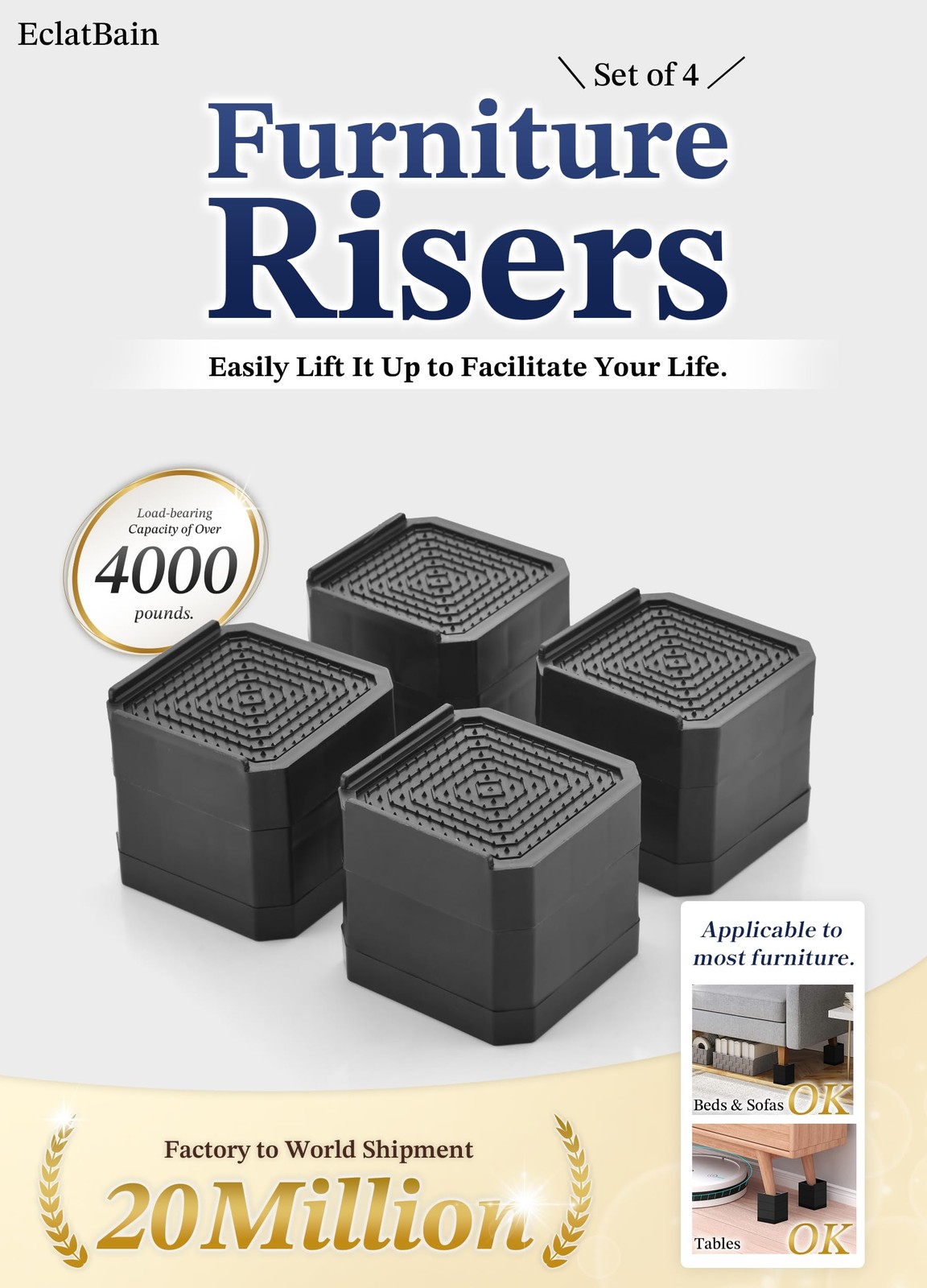 EclatBain Bed Risers Furniture Risers HeavyDuty Rectangular Adjustable Block ...