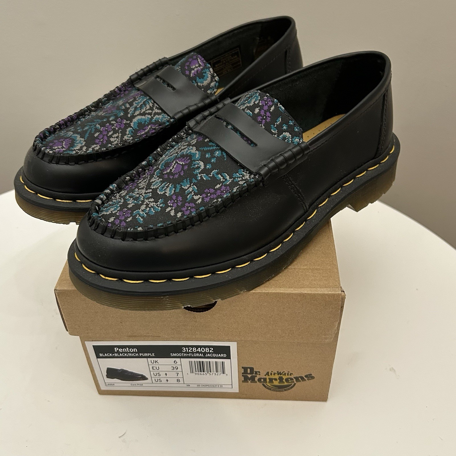 Dr. Martens Penton loafers in a black floral jacquard pattern Woman’s Size 7 New
