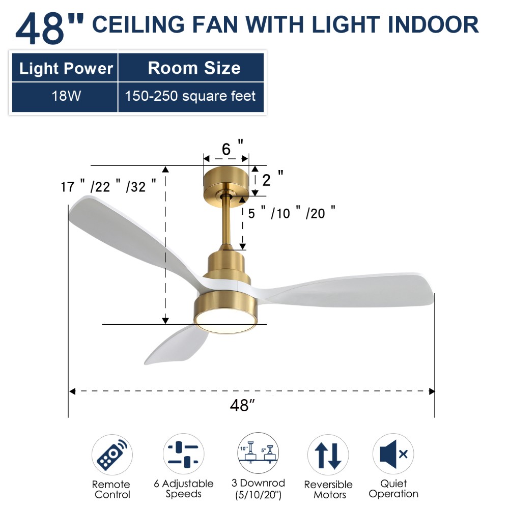 Ceiling Fan With Light 3 Solid Wood Blades Remote Control Reversible DC Motor