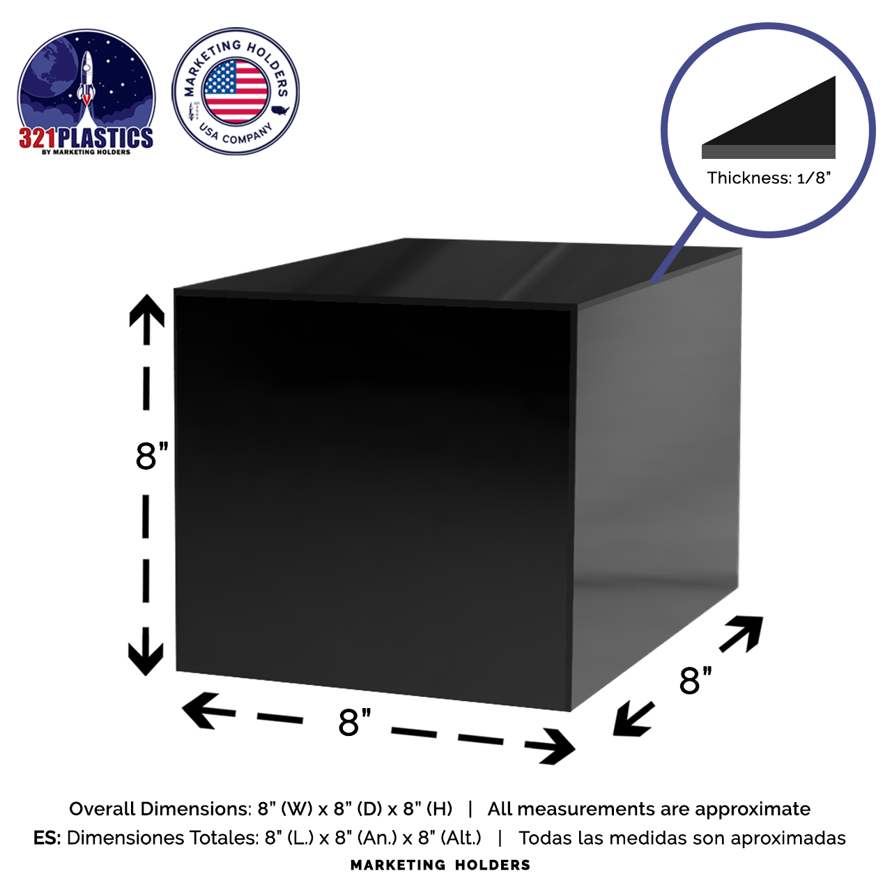 8" Black Acrylic Display Riser Box with One Open Side