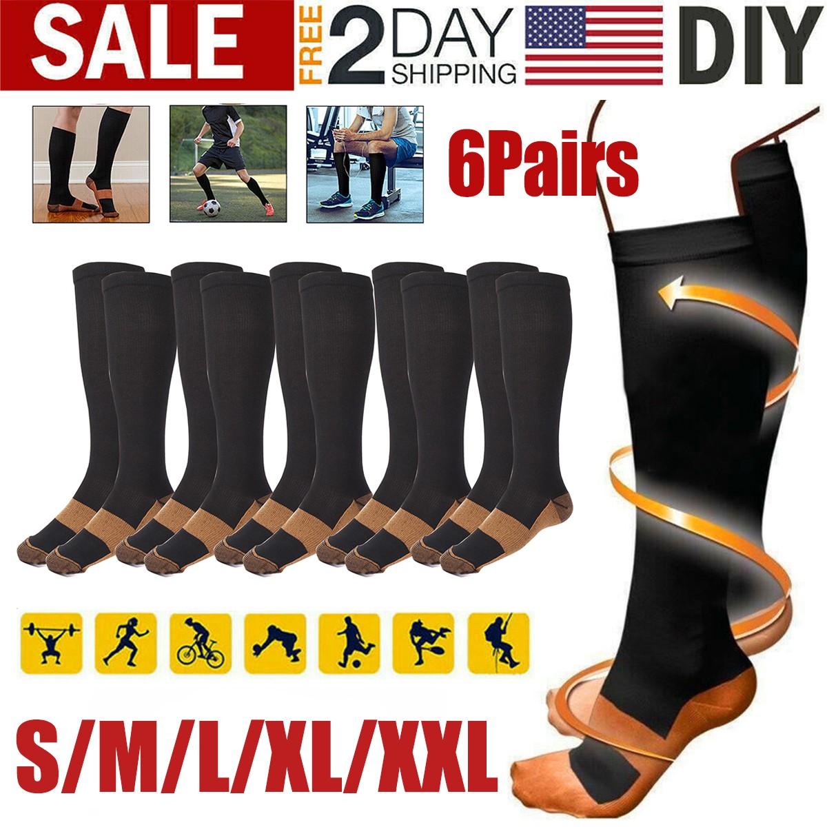 6 Pairs Copper Compression Socks 20-30mmHg Graduated Support Mens Womens S/M-XXL