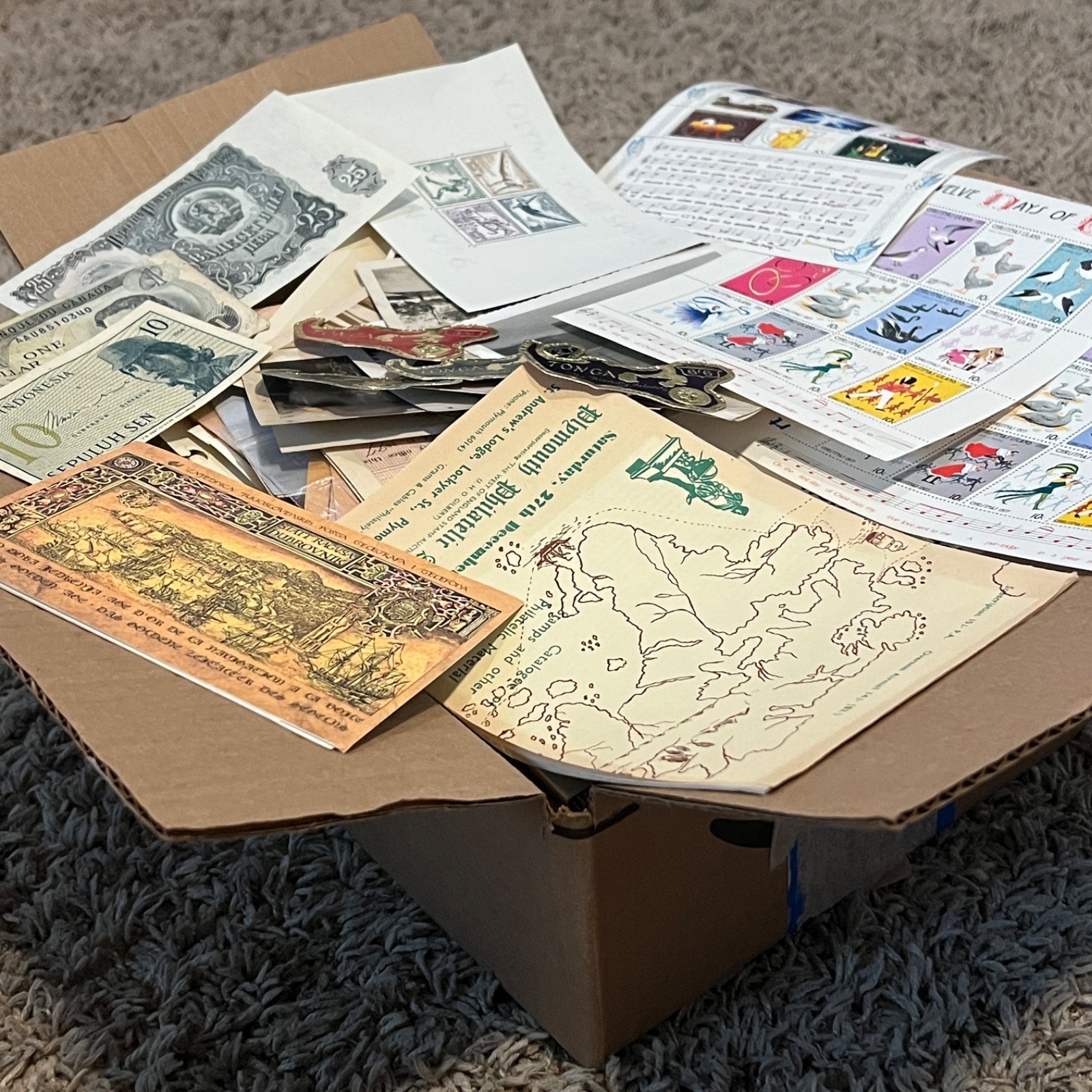 HUGE WW JUNK PHILATELIC EPHEMERA BOX LOT 1800s LETTERS, SHEETS, CURRENCY & MORE