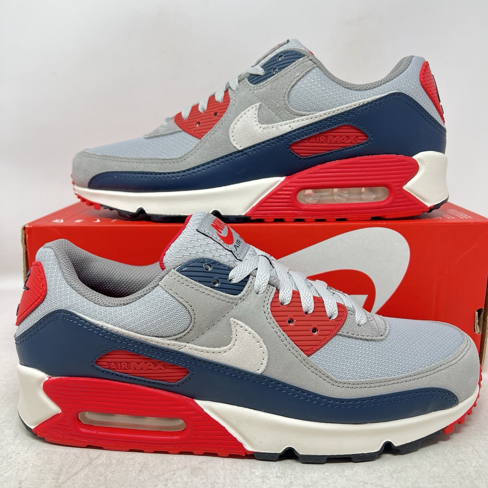 Nike Air Max 90 Smoke Grey Armory Navy Fire Red Men's Shoes No Lid DM0029-005