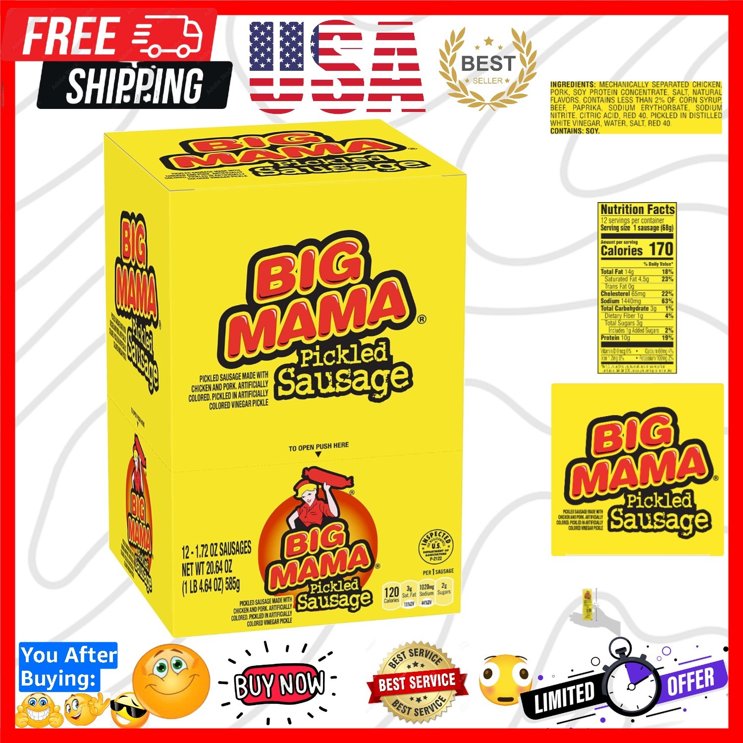 Big Mama Pickled Sausages, 2.4 Ounce, 12 Pack