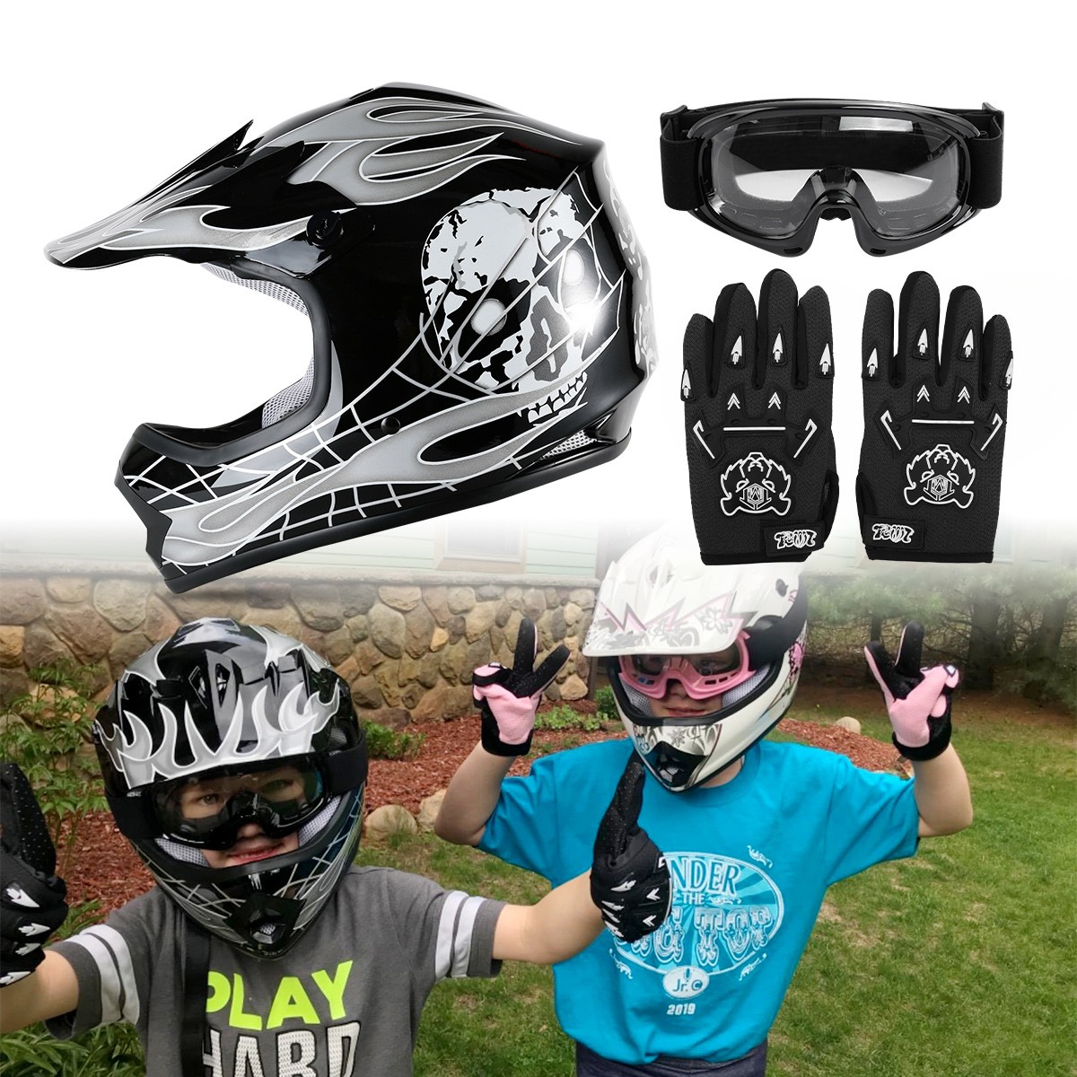 DOT Youth Kids Offroad Motocross Dirt Bike ATV Motorcycle Helmet Gloves Goggles