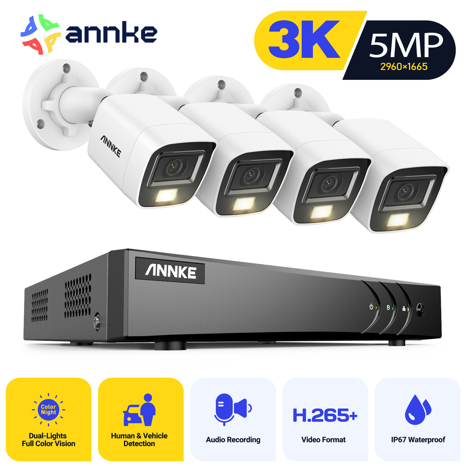 ANNKE 8CH H.265+ 3K Lite 5in1 DVR 5MP Audio Security Camera System Color Night