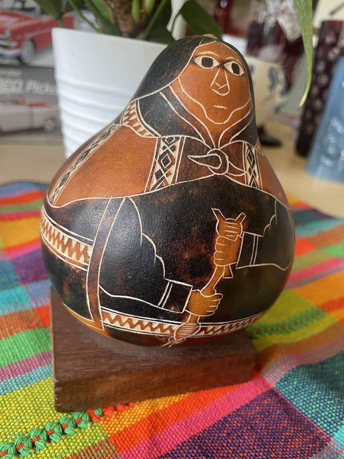 Peruvian Gourd Rattle Folk Art Woman Storytelling Peru Hand Carved Llama Line