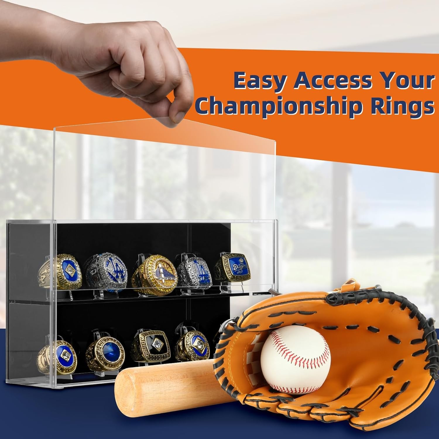 Championship Ring Display Case, 10 Slots Baseball Transparent, Black