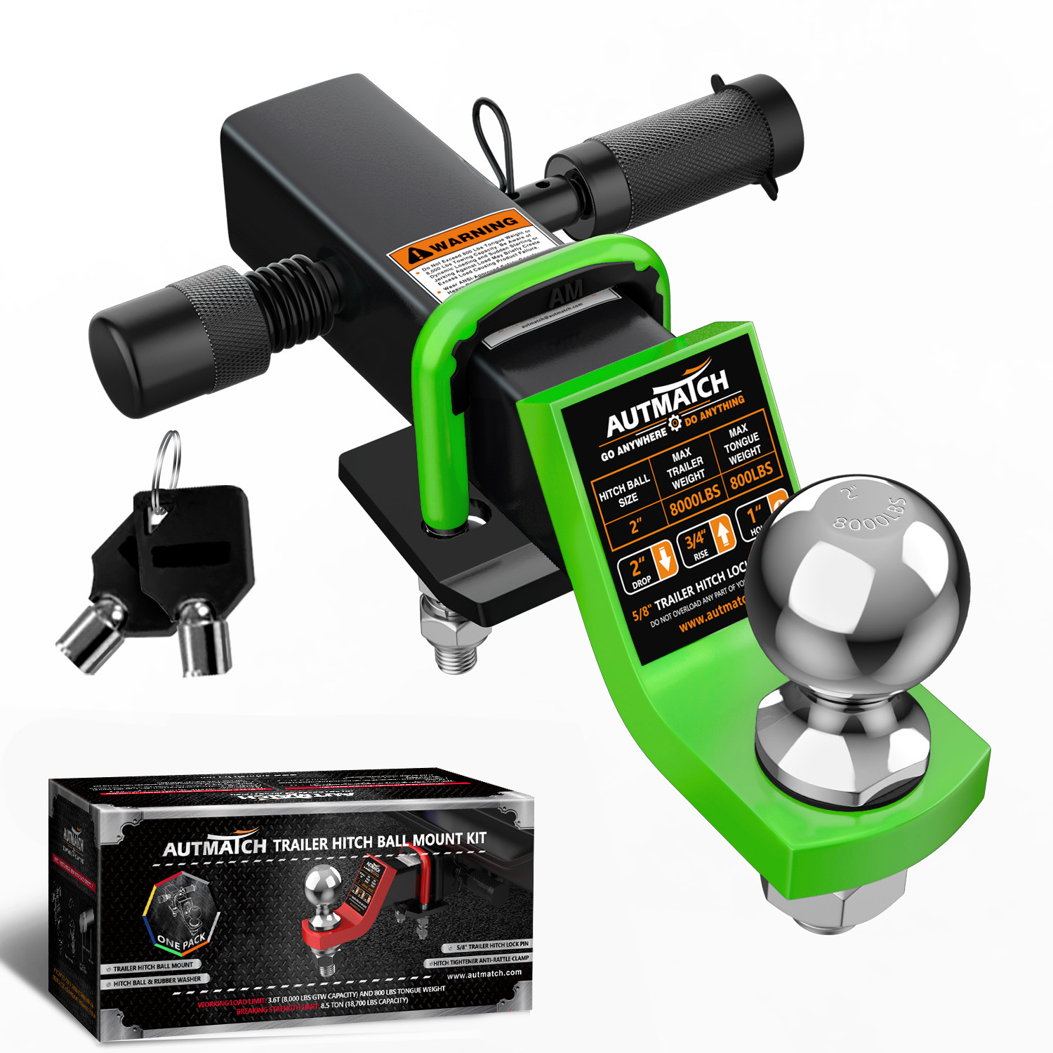 AUTMATCH Trailer Hitch Ball Mount & 2" Ball Fits 2" Receiver 2” Drop, Green