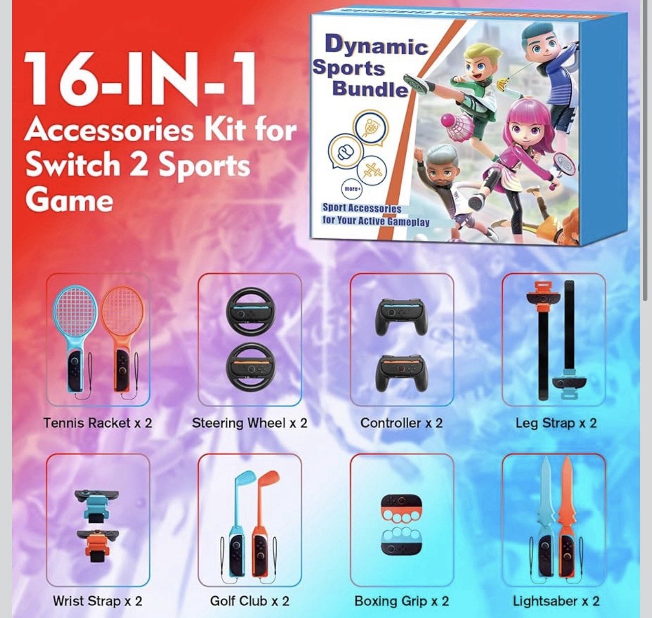 16-in-1 NS2 Dynamic Sports Bundle Motion Gaming Accessories Tennis Golf Boxing