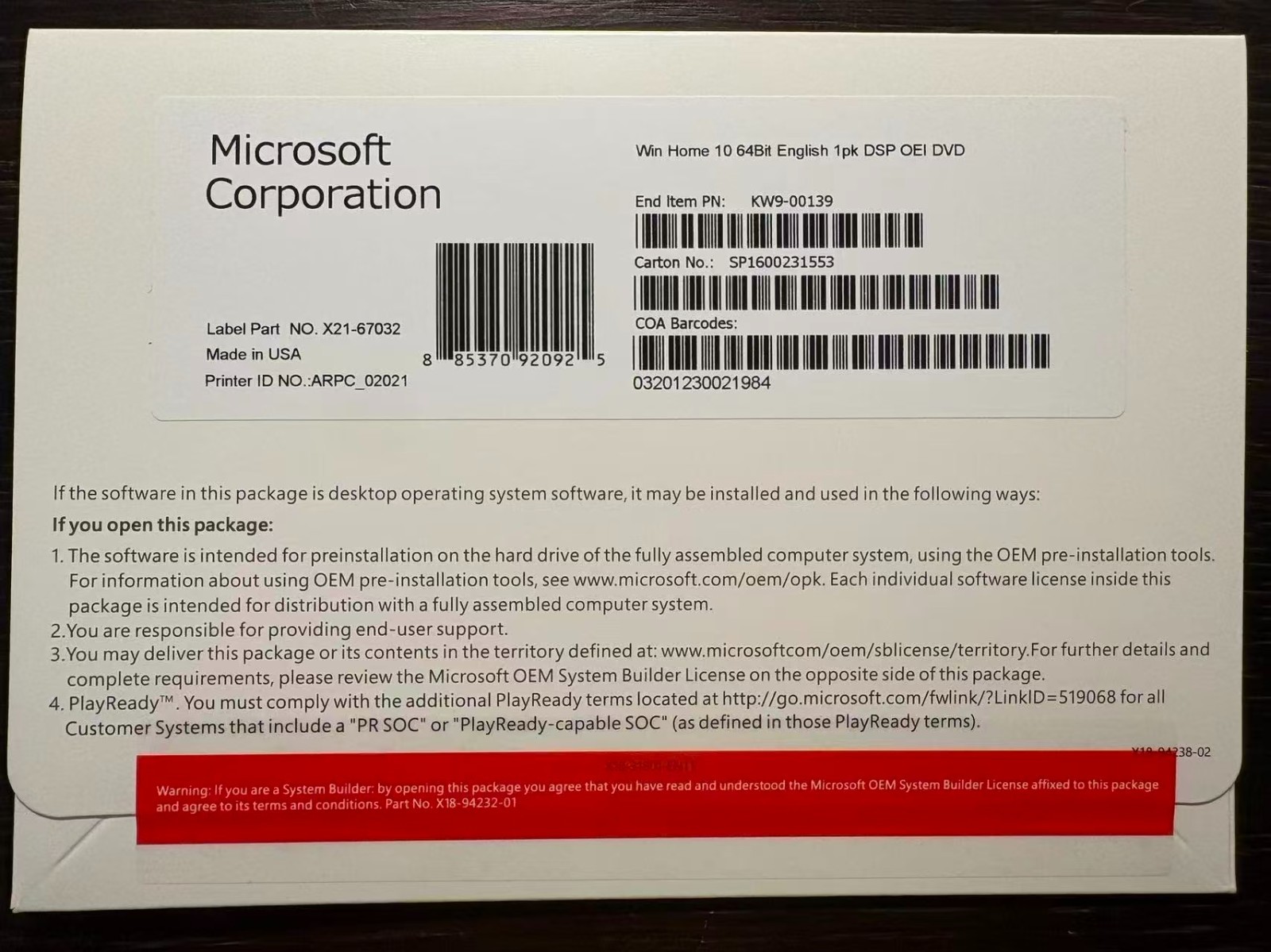Win 10 Home 64 bit DvD with Activation Key Brand New US Stock+ Free Shipping