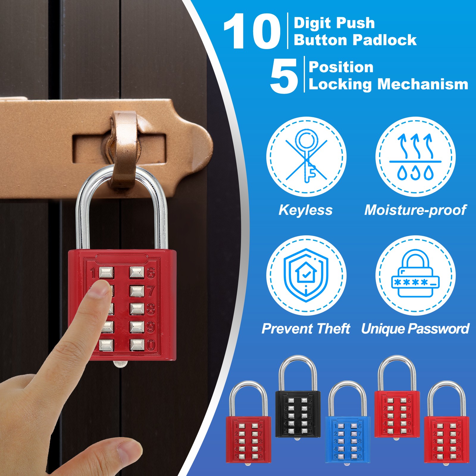 2Pcs Push Button Combination Padlock 10-Digit 5-Position Lock Red