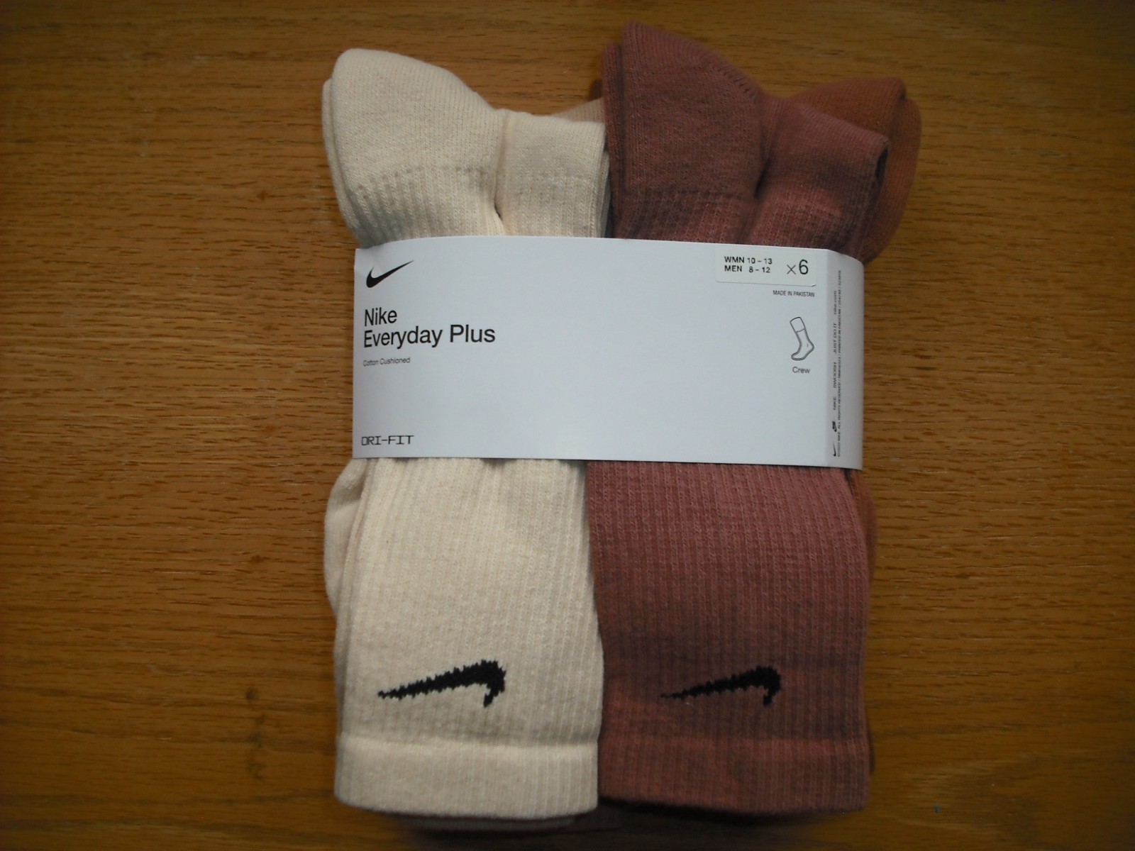 Mens NWT NIKE Crew Socks 6prs Everyday PLUS DRI-FIT Multi-Brown/Tan Cushion Sz:L