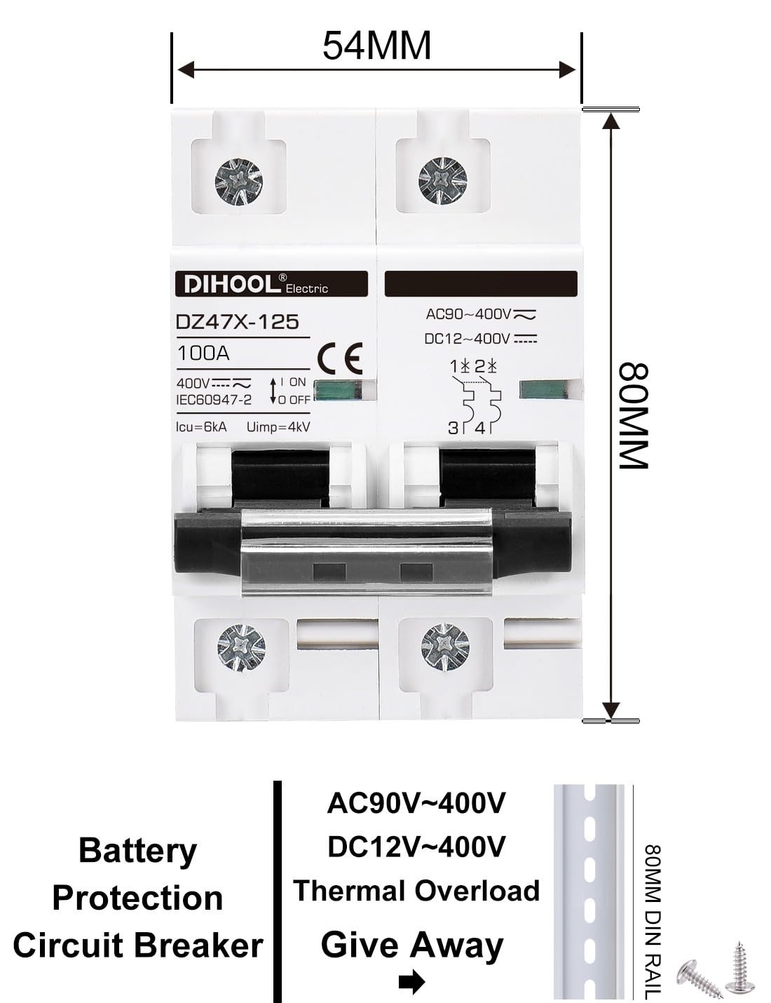 100 Amp Solar Disconnect Switch for 2 Pole DIN Rail Mount Circuit Protection