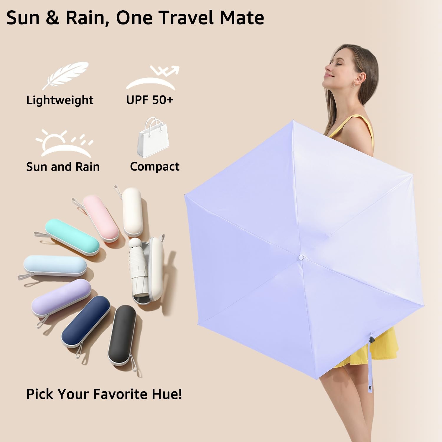 Travel Essentials Mini Umbrella for Purse With Case Small Compact UV Sun Prot...