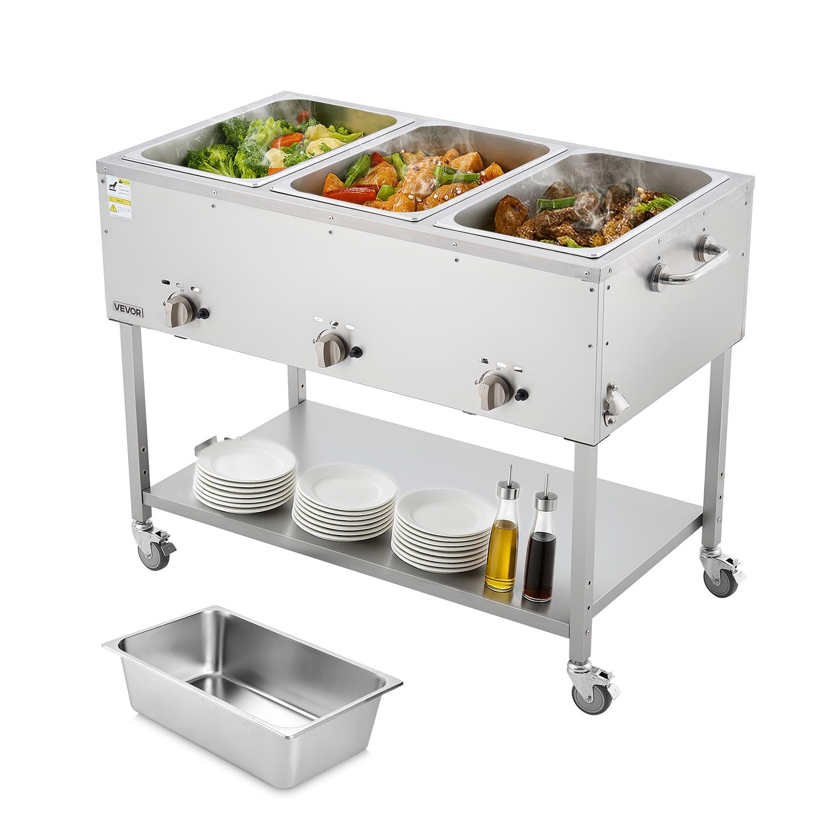 VEVOR 3-Pan Commercial Propane Steam Table, LP Gas 3×1/1 Pan;72QT, Silver