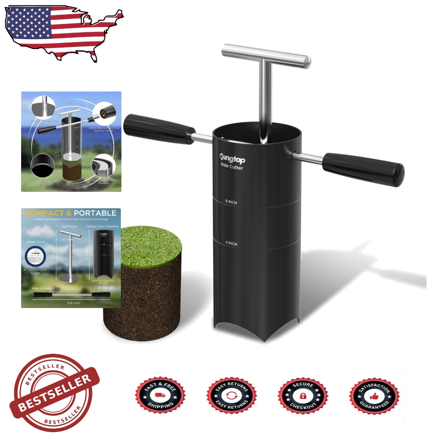 Pro Golf Hole Cutter 4" 6" USGA Standard Carbon Steel Detachable Handle
