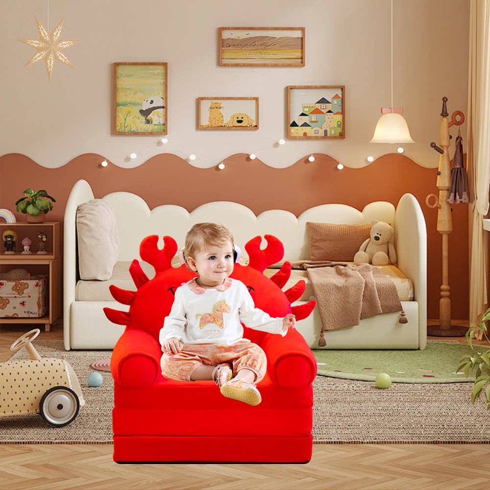 Red Crab Kids Sofa Bed Foldable Toddler Chair Cozy Crystal Velvet Furniture