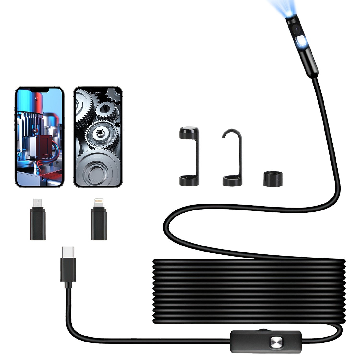 Inspection Endoscope HD Borescope with 8 Adjustable LED Lights Flexible Cable