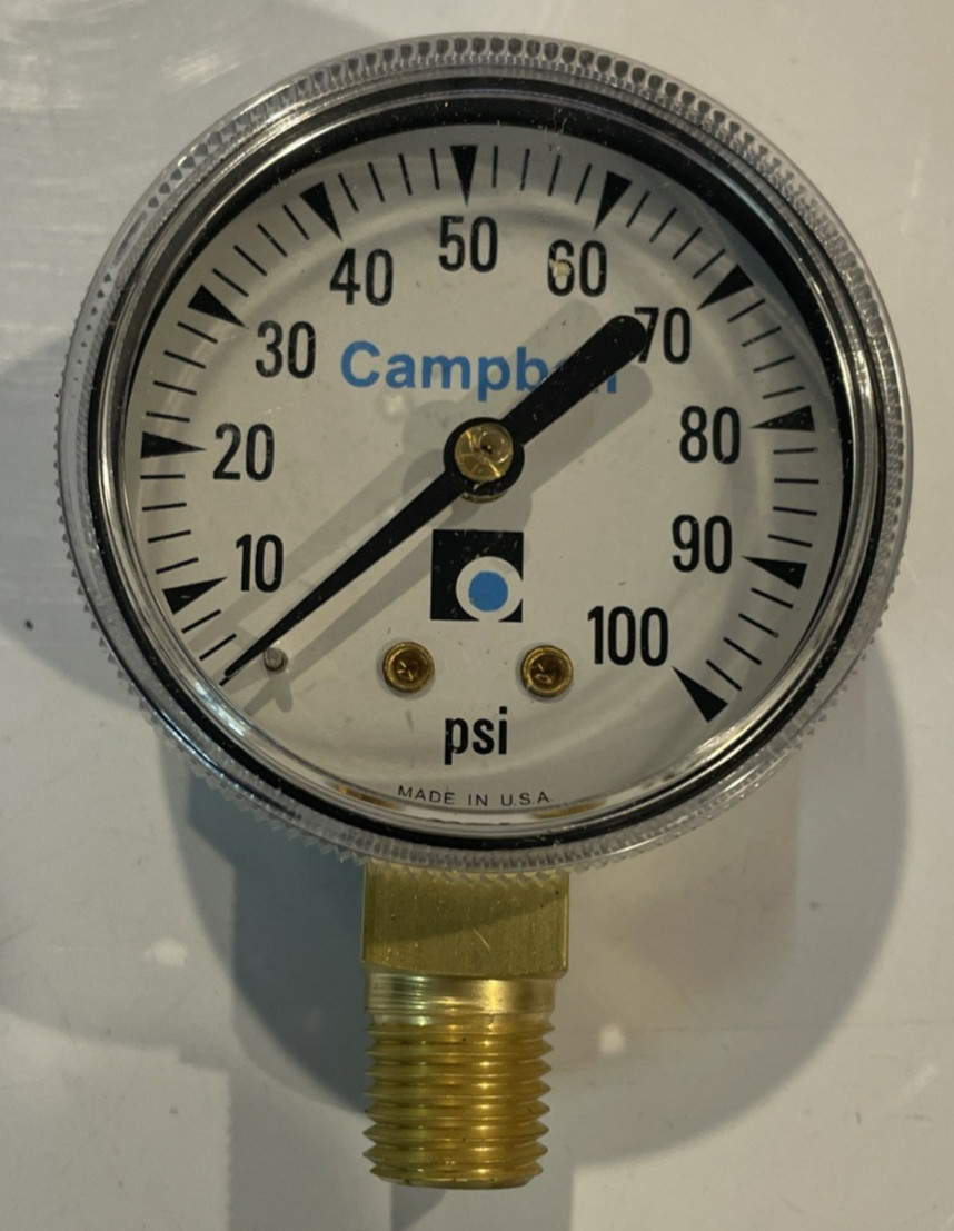 Campbell  2 in. 0 psi to 100 psi Pressure Gauge, PG1, 2" face 1/4" ANPT