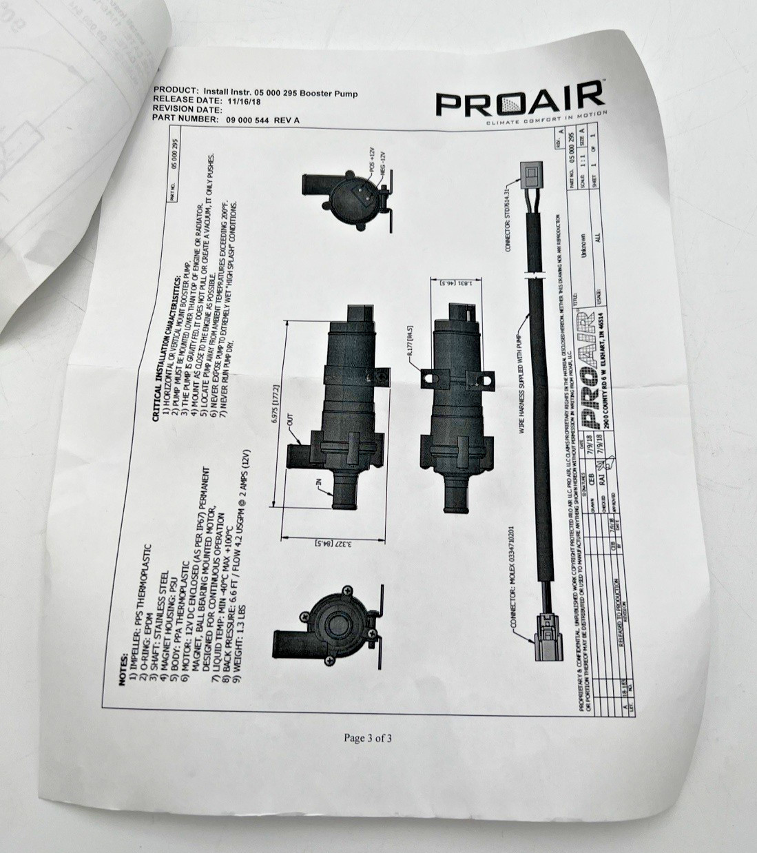 PROAIR 05-000-295 12V BOOSTER PUMP KIT WITH WIRE HARNESS, BRACKET, INSTRUCTIONS