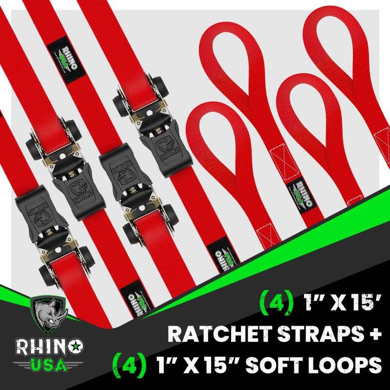 RHINO USA - Medium Duty Ratchet Strap Tie-Down 4-Pack Red | RCHT-4PACK-RED