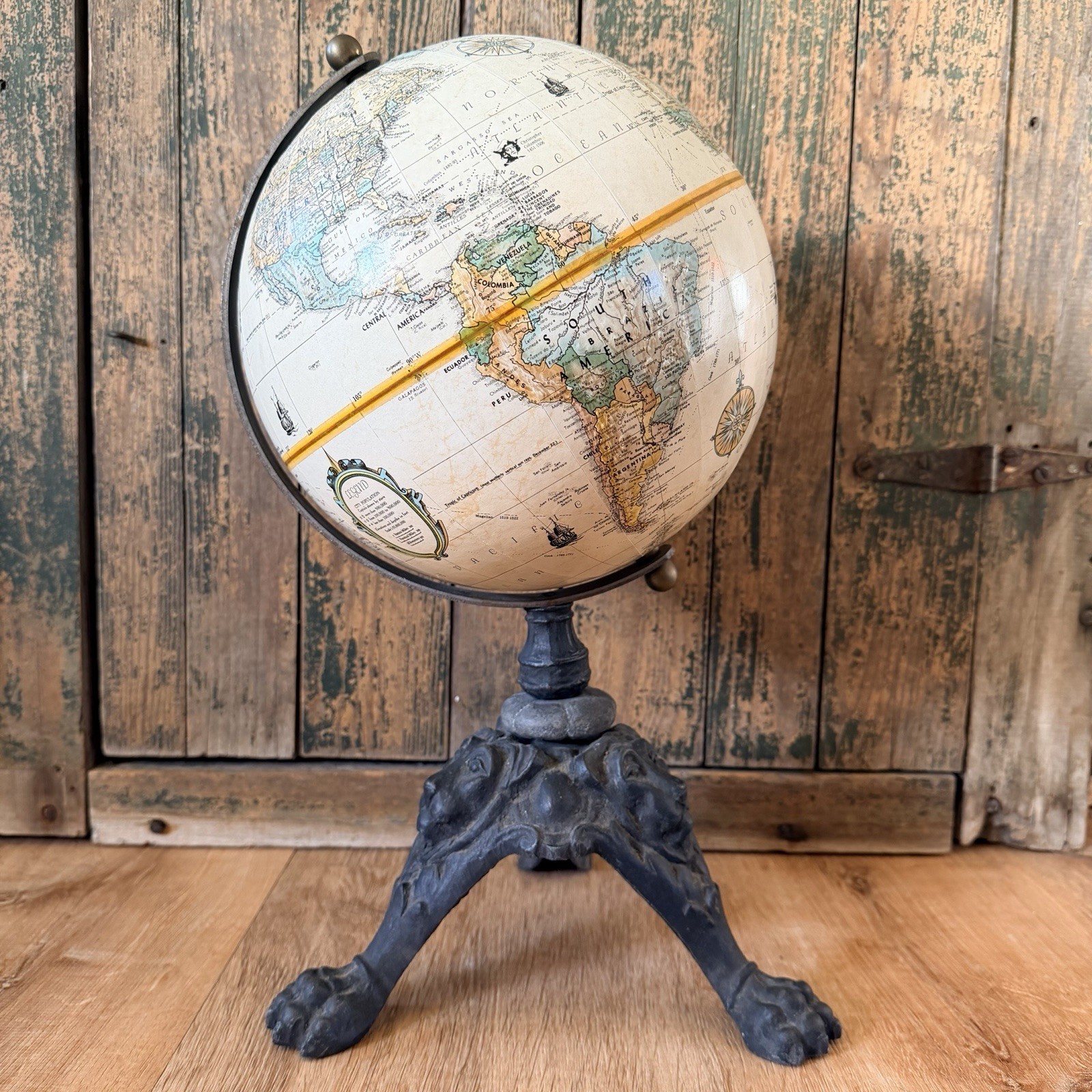 Vintage Replogle 9” Raised Relief Globe Lion Head Paw Gothic Library Metal Base