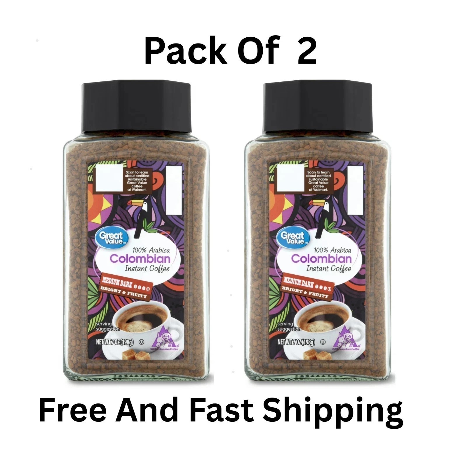 (Pack 2) Great Value 100% Arabica Colombian Instant Coffee,Medium-Dark Roast,7oz