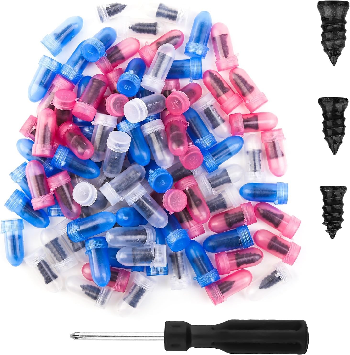 Tire Plug Kit 100PCS Tire Repair Screws 3 Sizes Rubber Plugs + Screwdriver