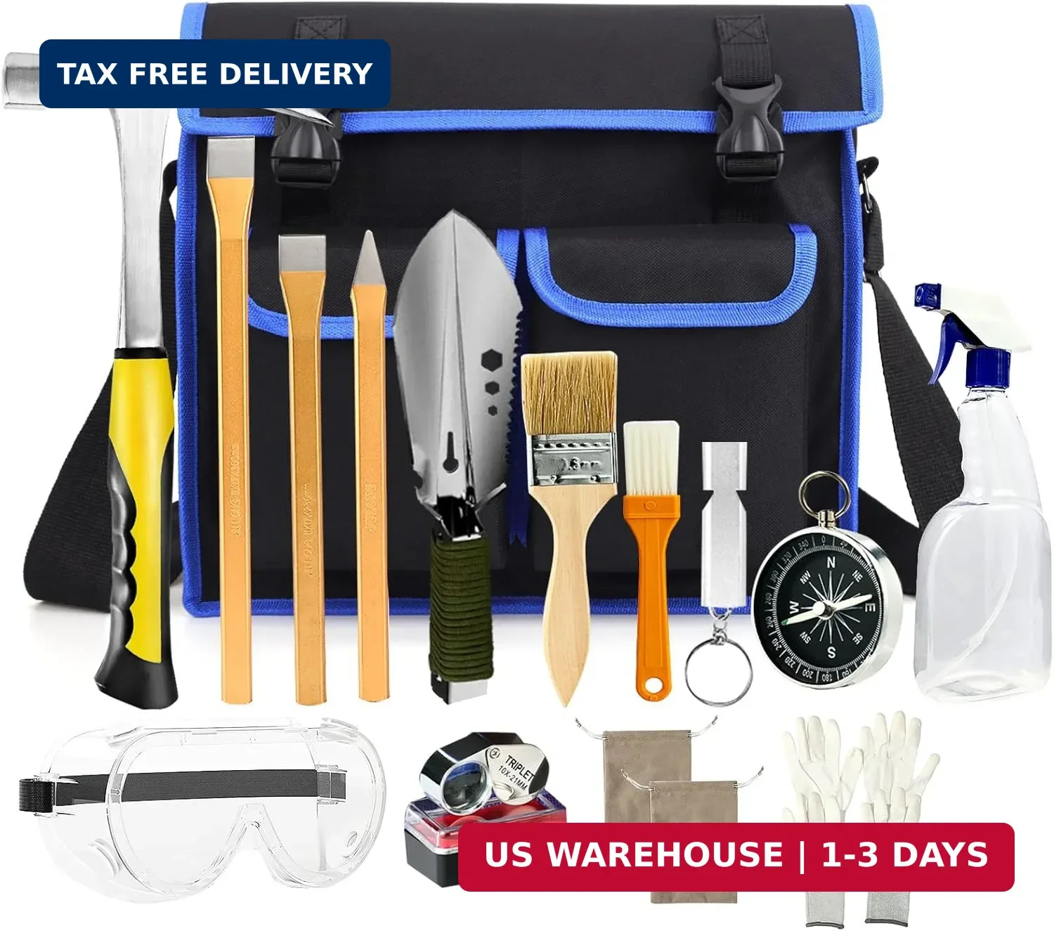 17PCS Geology Rock Pick Hammer Kit, 32oz Hammer & 3 PCS Digging Chisels Set for