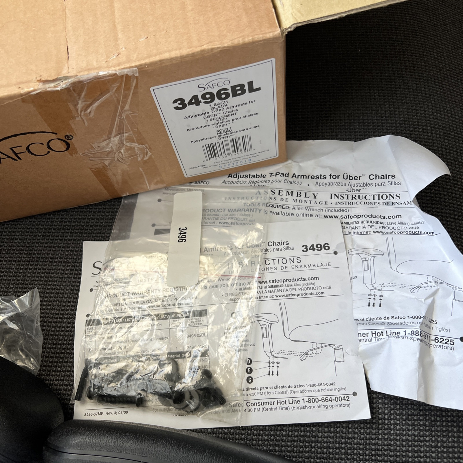 NEW! Safco 3496BL Adjustable Padded Arms For Safco Uber Big & Tall Desk Chair