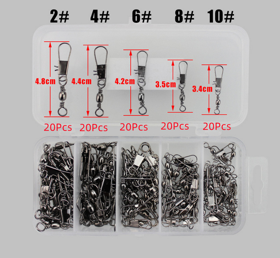 100pcs/lot 2#-10# Fishing Barrel Rolling Swivel With Interlock Snap Connectors