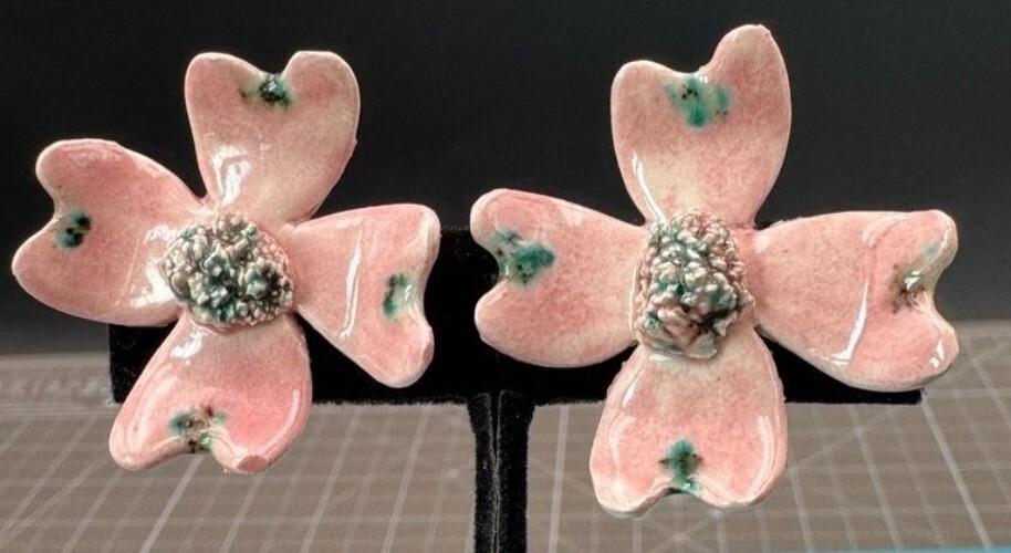 Vintage Copper Earrings Pink Enamel Dogwood Screw Back  1 3/8"