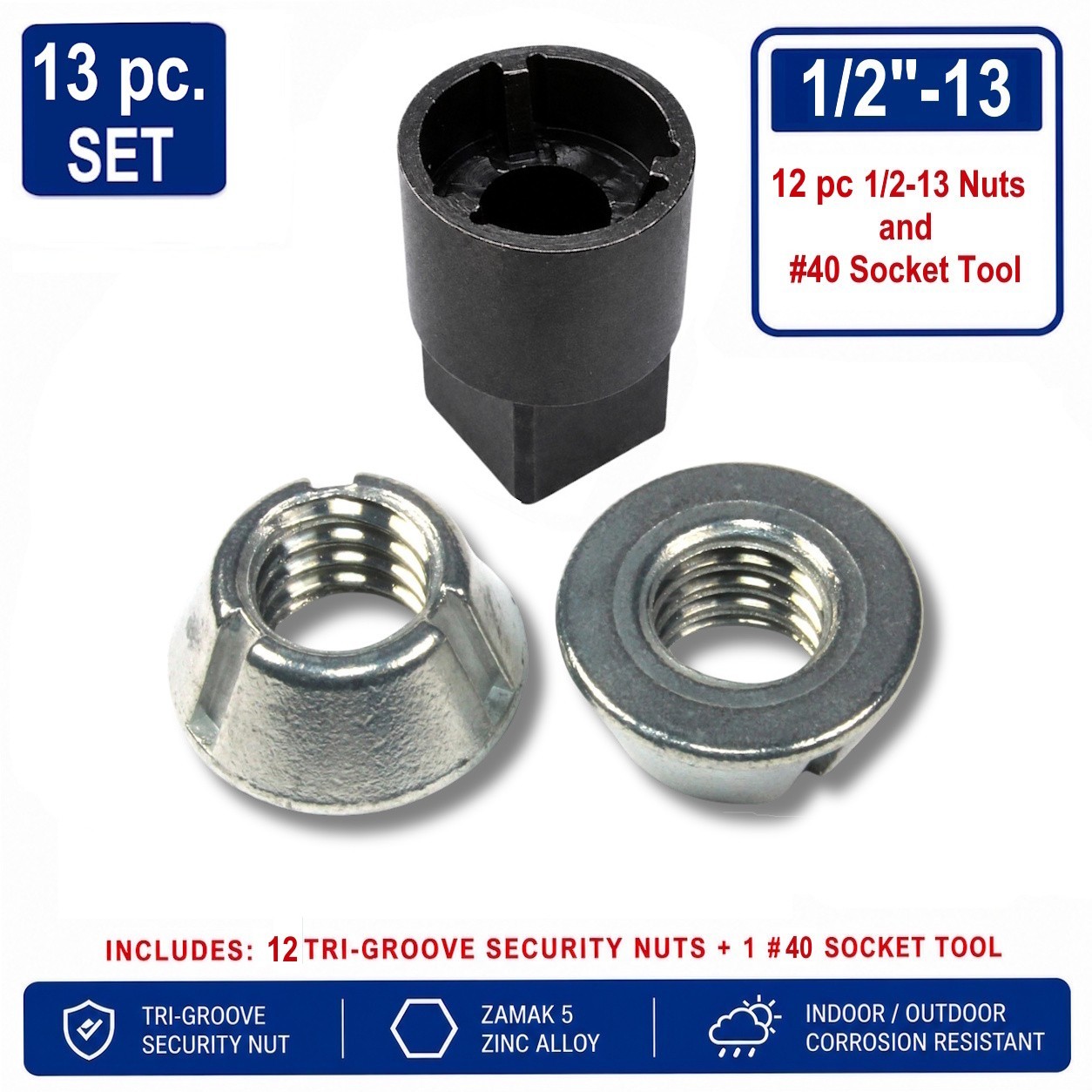 12pc 1/2-13 Tri-Groove Security Nut PLUS #40 (LPF440) Installation Tool, 13-PK