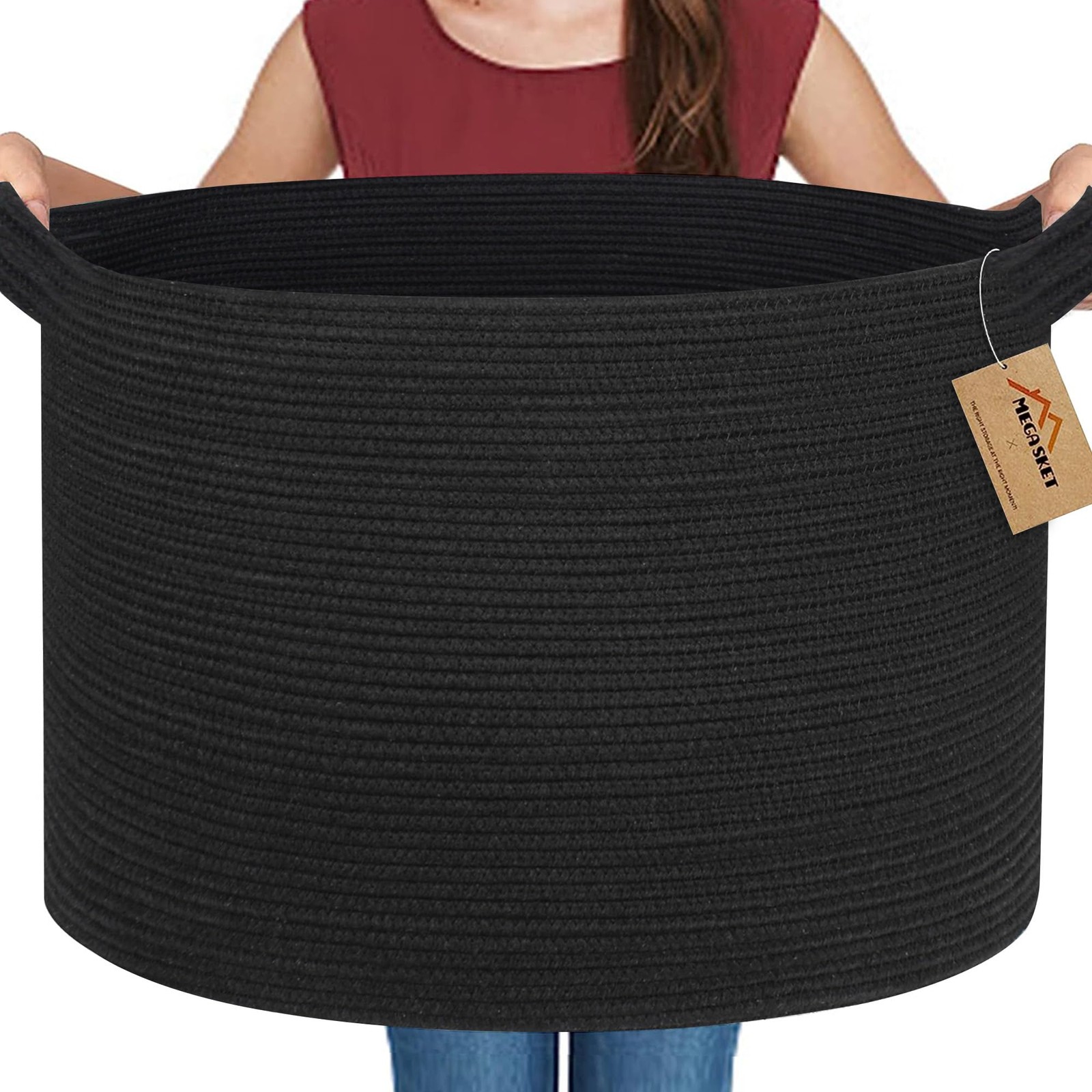 Large Black Blanket Basket, 22" X 22" X 14" Woven Rope Bin for Storage, Kids ...