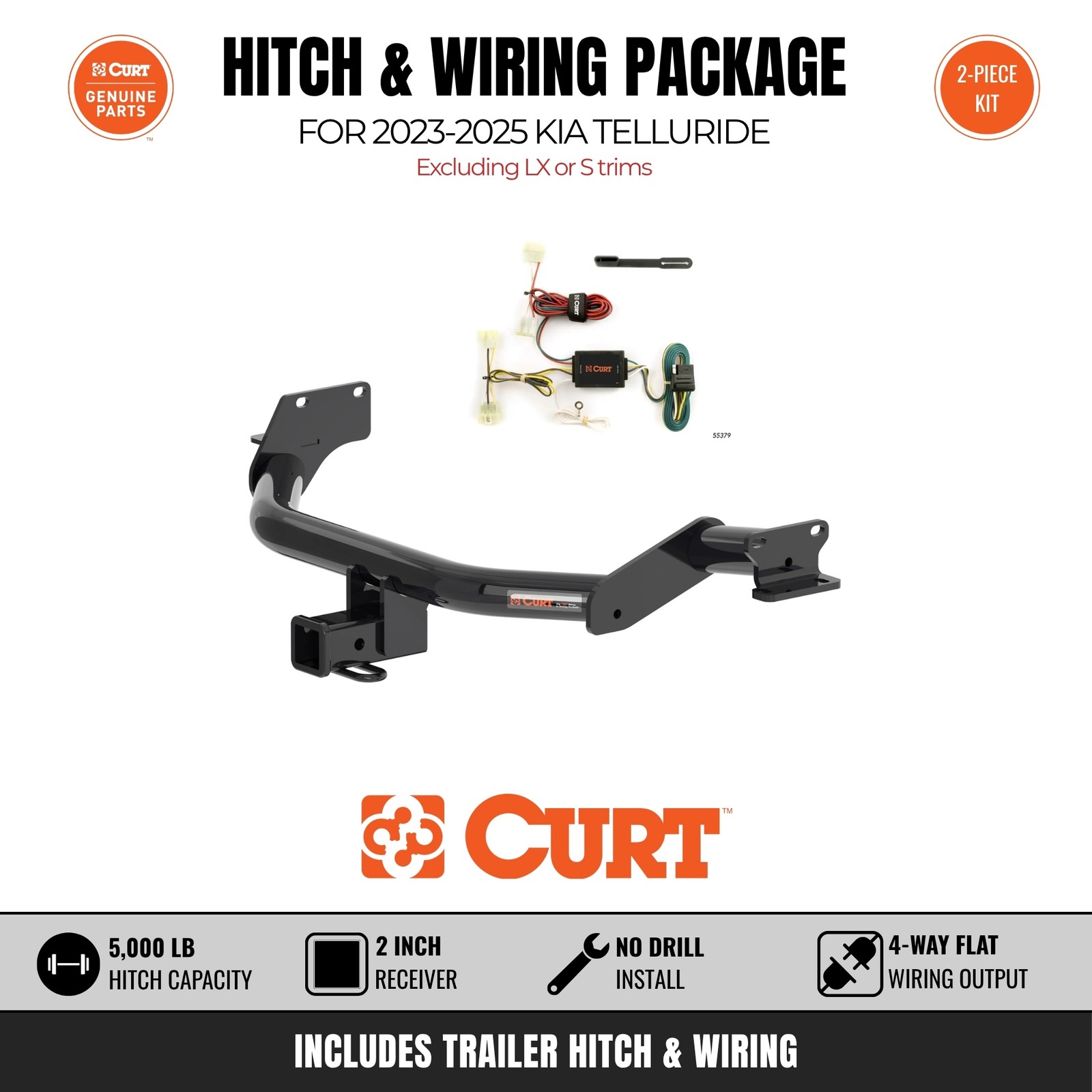 Curt Class 3 Trailer Hitch & Wiring Harness Bundle for 23-25 Kia Telluride