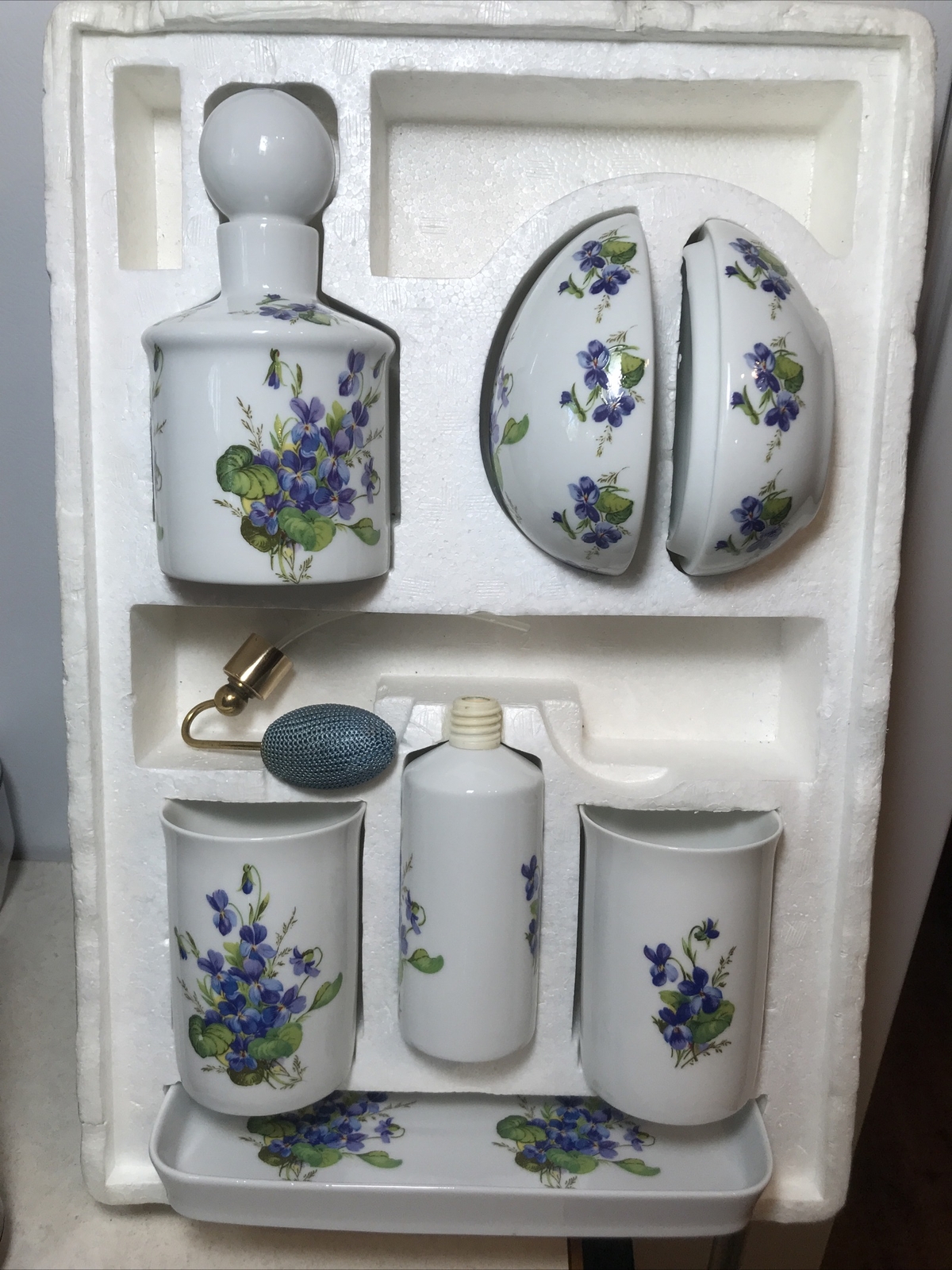J Lona West Germany Porcelain Violet Bathroom Set Perfume Bottles, Dishes, Cups