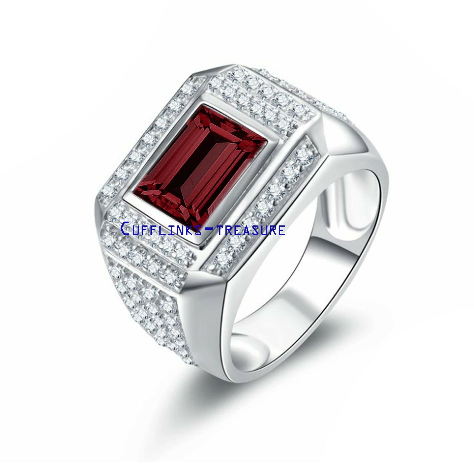 Natural Garnet & CZ Gemstones with 925 Sterling Silver Ring For Men's #5548