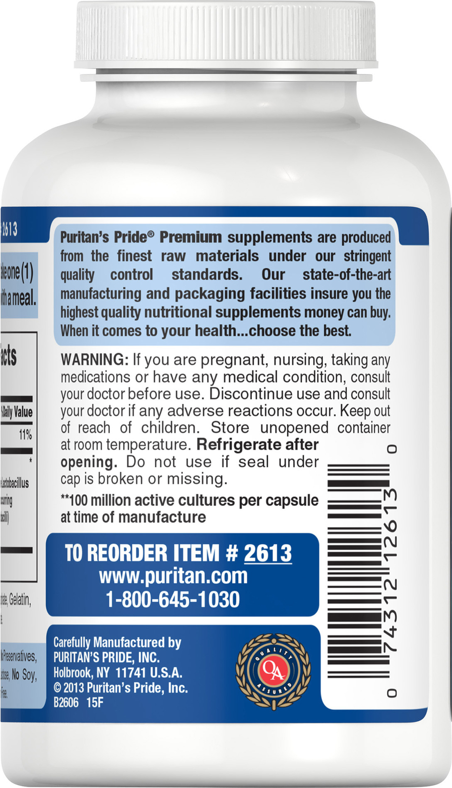 Puritan's Pride Probiotic Acidophilus - 250 Capsules