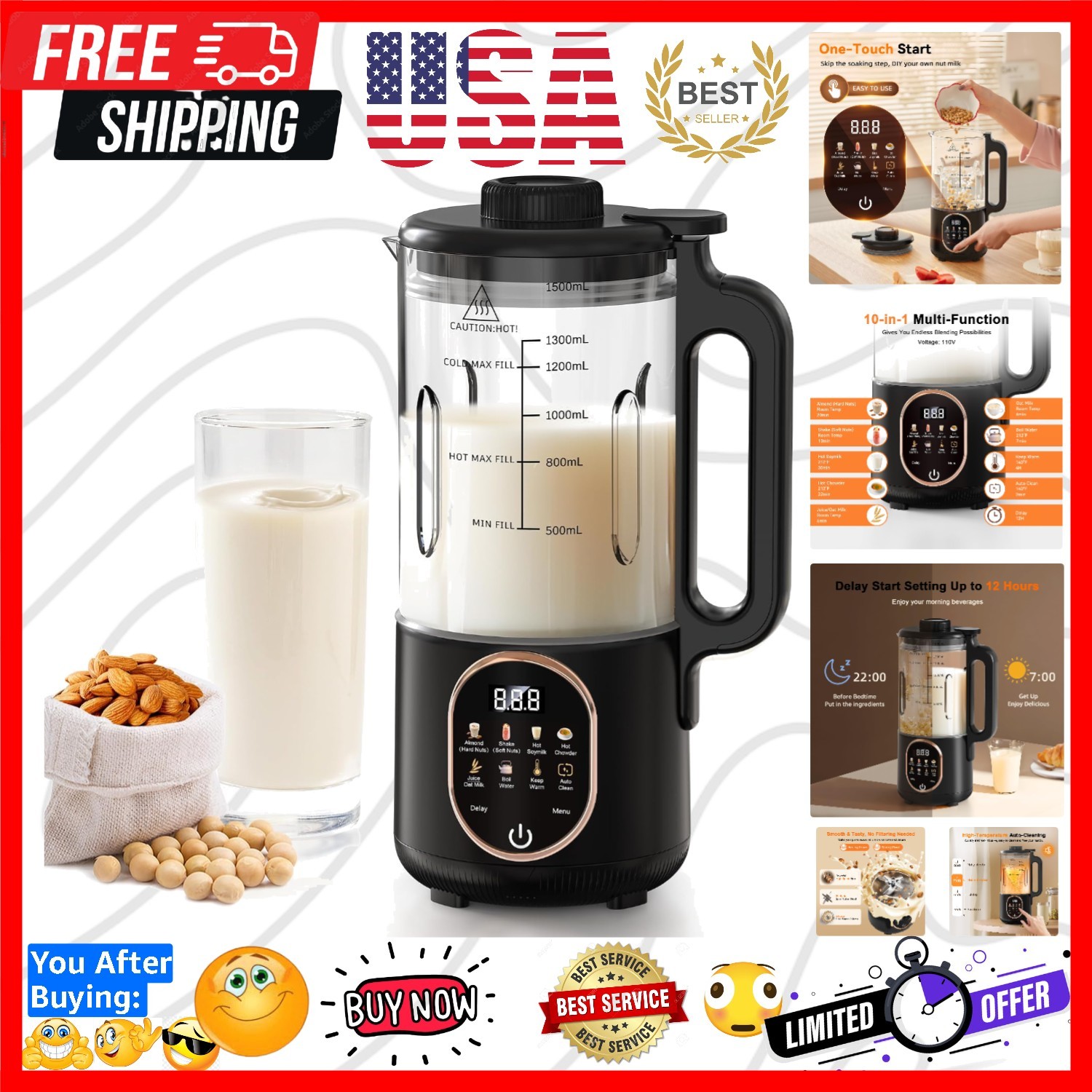 50oz Nut Milk Maker Machine, 10 in 1 Automatic Plant Based Milk Maker for Hom...