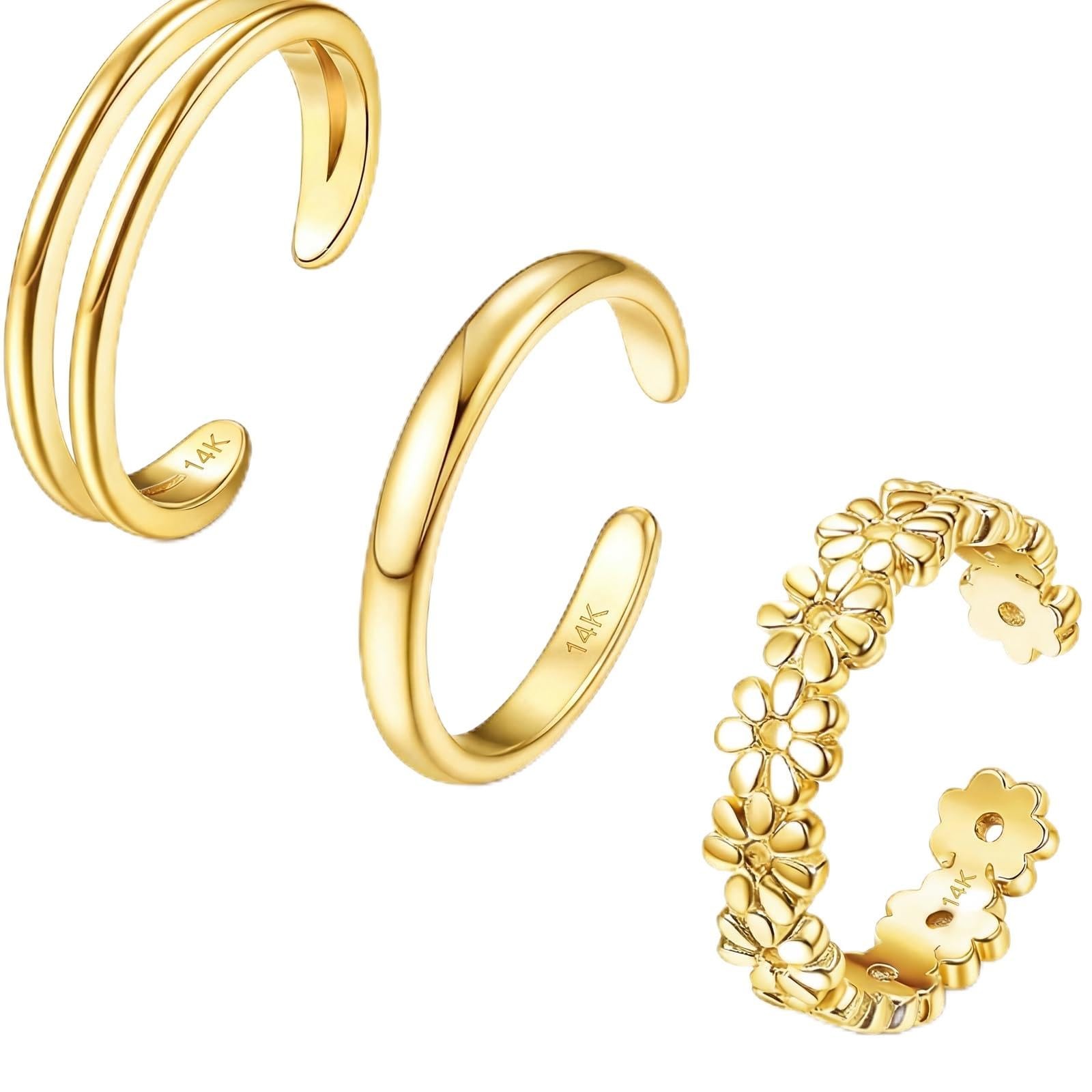 14K Gold Plated Toe Rings for Women, Adjustable Open Toe Ring Set 3Pcs, Non T...