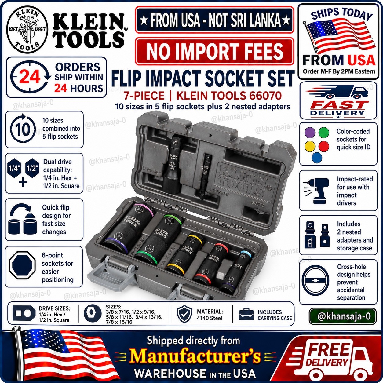 Klein Tools 66070 Flip Impact Socket Set 7 Pc 1/4 1/2 Drive NEW🚚From USA🚚