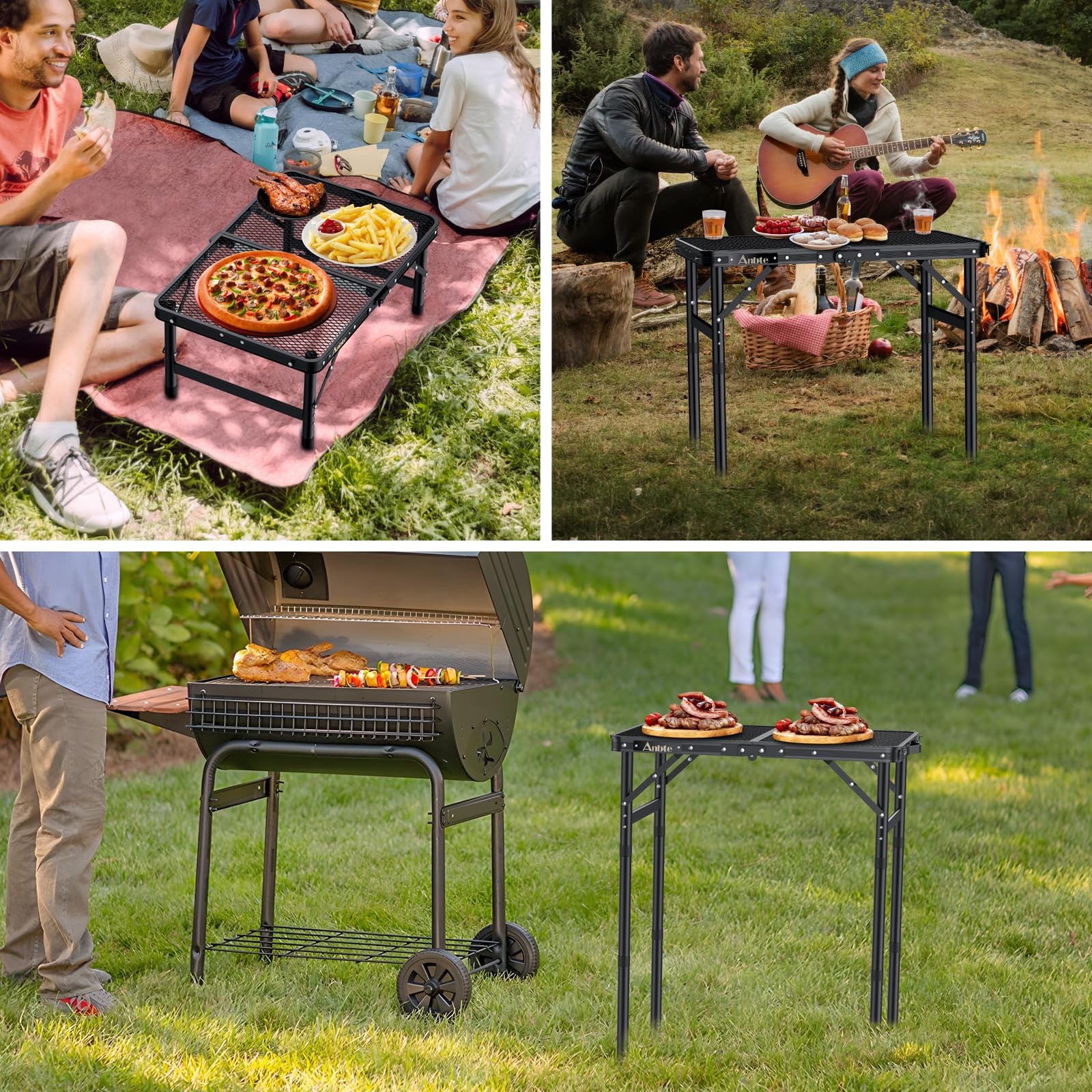 Folding Grill Table, Aluminum Camping Table Adjustable Height Max 27.5" Picni...