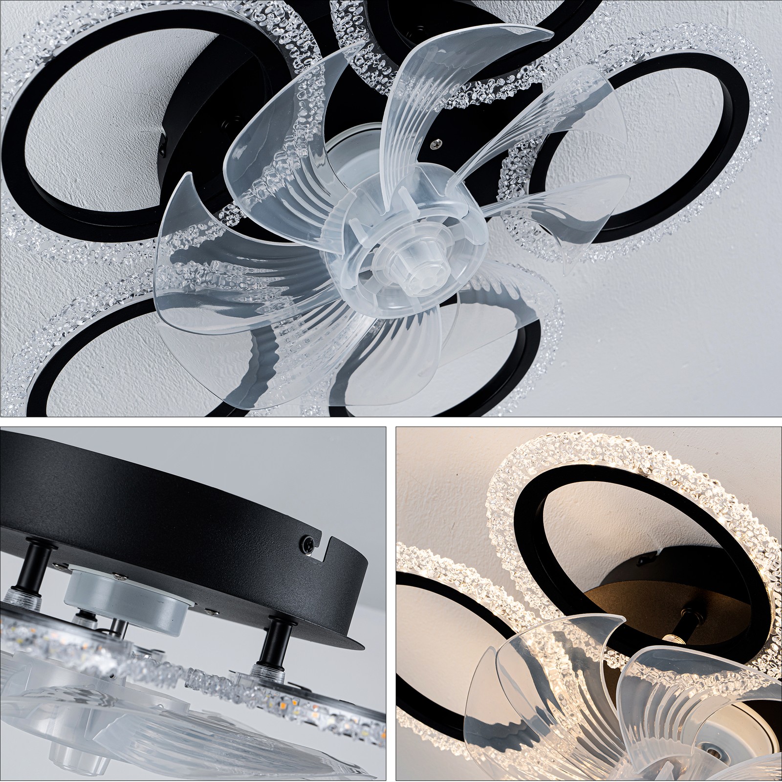 20''Modern Ceiling Fan Lights Remote Control.Black,6 Speeds 3 Light Color Low
