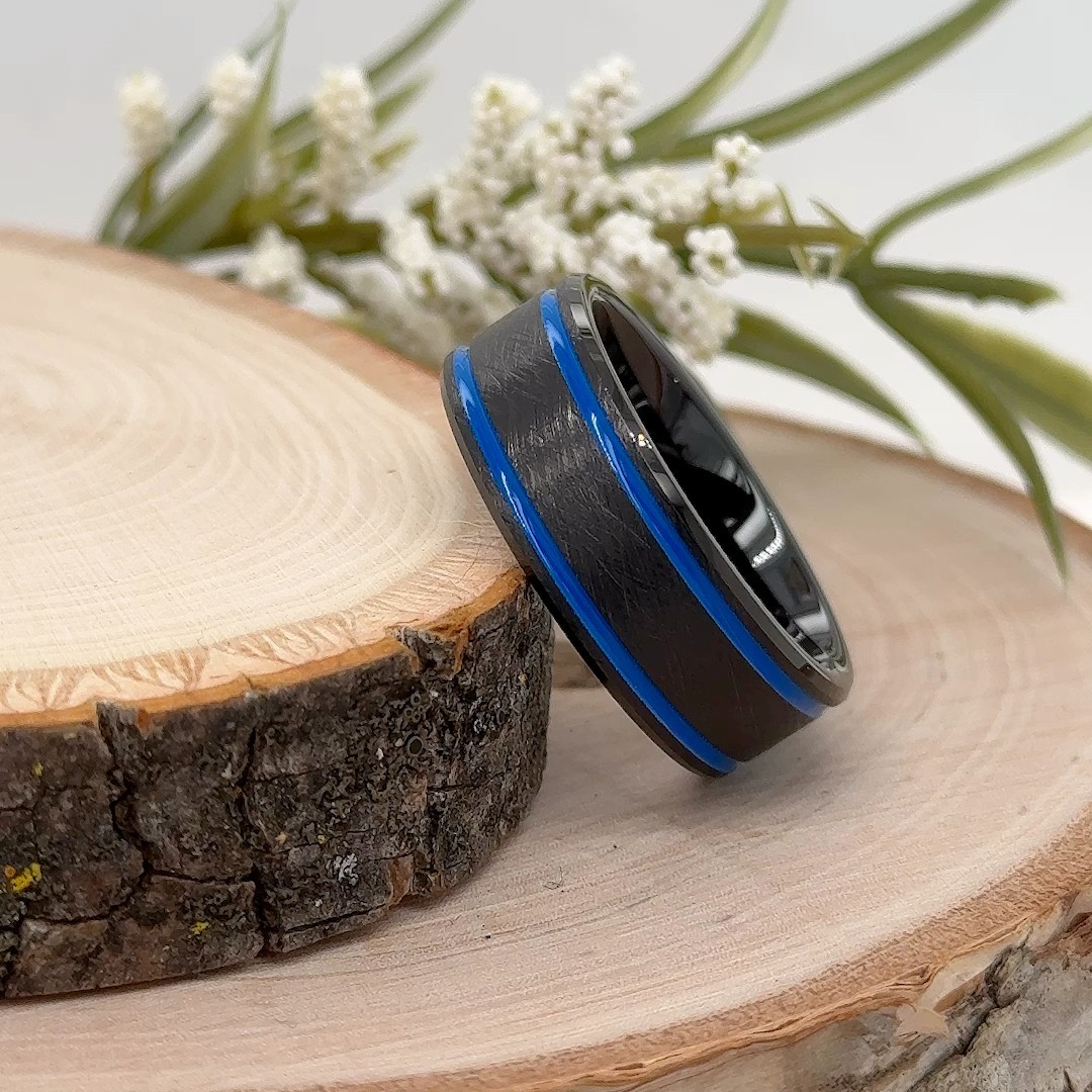8mm Black Tungsten Carbide Christmas Ring Blue Blue Accent Stripes Durable Band
