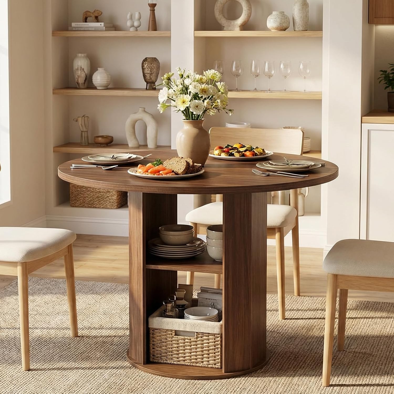 43.3" Round Dining Table W/ Storage Shelf 4 Circle Kitchen Dinner Table W/ Thick