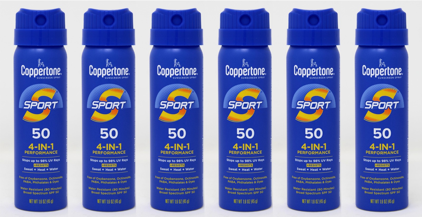 Coppertone Sport Sunscreen Spray SPF 50 Water Resistant 1.6 oz (Pack of 6)
