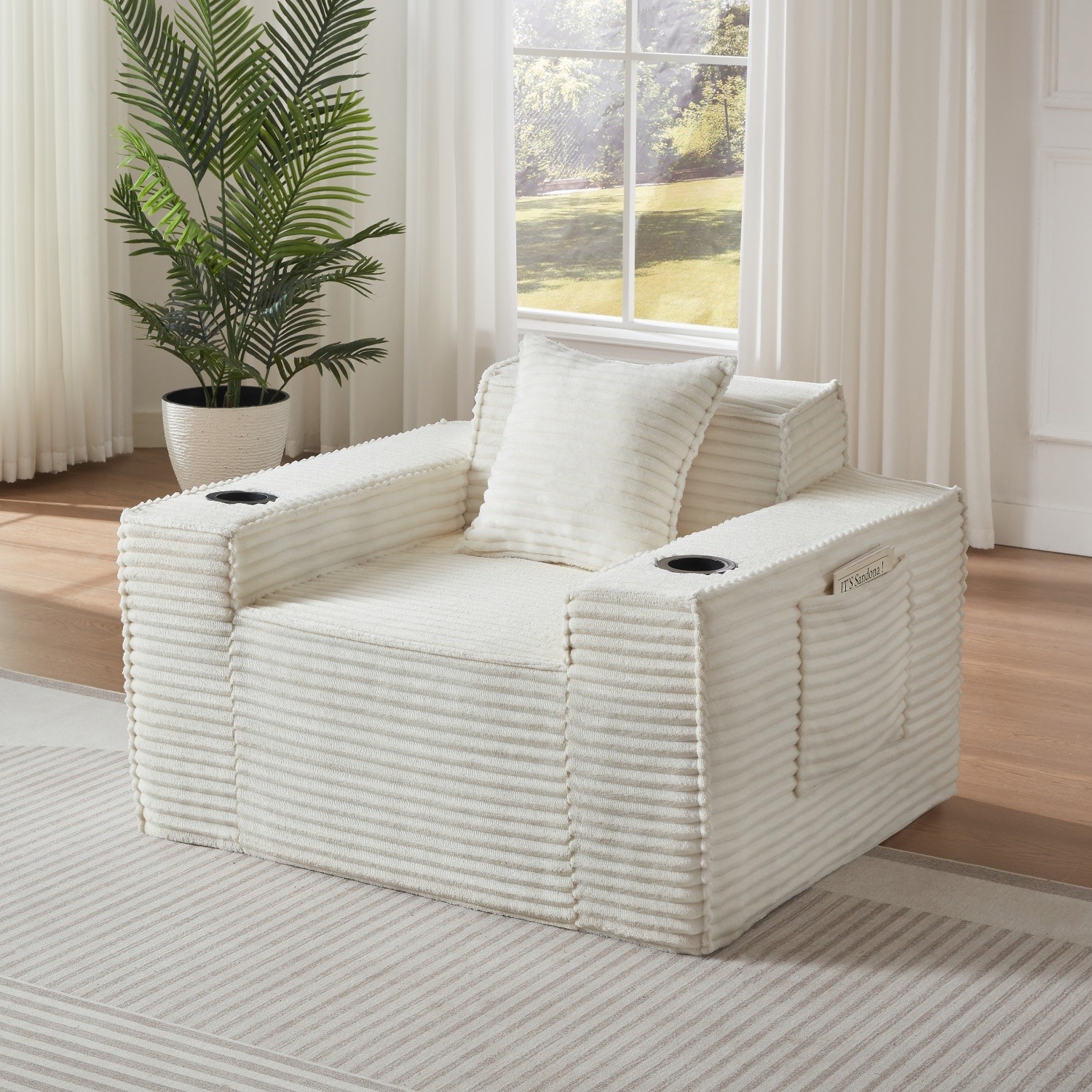 No Assembly Floor Chair 1-Seater Corduroy Chair w/ 2 Cup Holders for Apartments